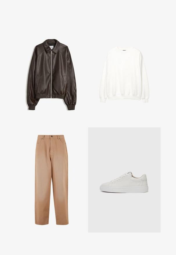 Ruskea nahkainen pommikauppias-takki, jossa on kauluspäällinen, vetoketjusuljenta, ribatuet hihat ja teksturoitu pinta. Varustettu sivutaskuilla.; Valkoinen collegepaita, pyöreä kaulus, pitkät hihat, rento istuvuus. Pehmeä kangas, jossa ribboatut hihansuut ja helma. Minimalistinen muotoilu, ei näkyviä logoja tai kuvioita.; Beige leveleitsit valmistatud pehmest puuvillakangast. Omab esist kuti ja lukuga sulgemist, viit taskut ning vöökonte. ; Valkoiset nahkaiset matalakärkiset lenkkarit, joissa on pyöreä kärki, litteä valkoinen kumipohja ja minimalistinen ommel yksityiskohtana. Nauhat on kiinnitetty kuuden silmukan läpi.