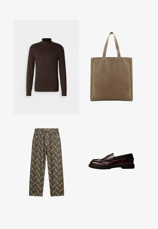Hnědá kožená bomber bunda s límečkem, zapínáním na zip, žebrovanými manžetami a texturovaným povrchem. Obsahuje boční kapsy.; Hnědý rolák vyrobený z měkkého materiálu, s dlouhými rukávy a žebrovaným límcem. Hladký povrch s přiléhavým střihem.; Khaki džíny s celoplošným vzorem peří v světle béžové barvě. Volný střih se standardními kapsami a detaily kontrastního šití.; Hnědé kožené mokasíny s kulatou špičkou, podrobným šitím a gumovou podrážkou. Mají zdobný pásek a hladký povrch.; Plátěná nákupní taška v odstínu tan, s dvěma pevným uchy. Obdélníkový tvar s hladkým povrchem a bez viditelných ozdob.