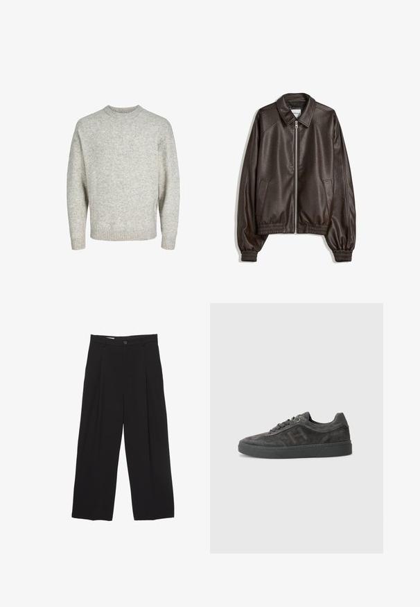 Smeđi kožni bombarder jakna s ovratnikom, patentnim zatvaračem, rebrastim manžetama i teksturiranim završetkom. Ima bočne džepove.; Svijetlosivi pleteni pulover s okruglim izrezom, spuštenim ramenima i rebrastim manžetama, koji ima teksturiranu, blago dlačastu površinu.; Bijela kratkodlana majica s kratkim rukavima, izrađena od pamuka, s okruglim izrezom i opuštenim krojem. Gladak materijal, bez vidljivih uzoraka ili akcenta.; Crne široke hlače od glatkog materijala, s ravnim pojasom, prednjim nabranim detaljima i zatvaranjem na jedan gumb.; Hackett London HACKNEY - Tenisice - dark grey