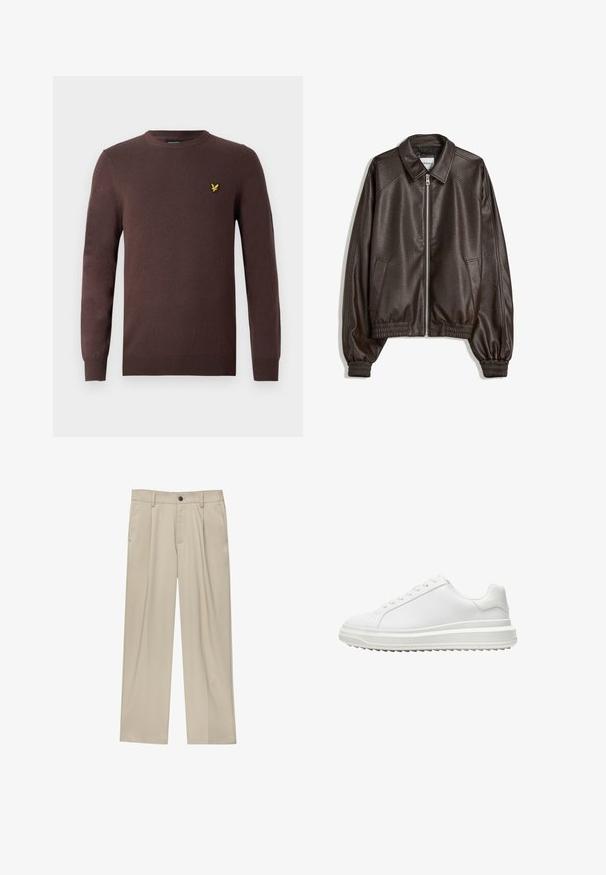Hnědá kožená bomber bunda s límečkem, zapínáním na zip, žebrovanými manžetami a texturovaným povrchem. Obsahuje boční kapsy.; Hnědý svetr z měkké pletené látky s kulatým výstřihem a dlouhými rukávy. Výšivka žlutého ptáčka na hrudi.; Béžové kalhoty klasického střihu, se jedním černým knoflíkem, poutky na opasek a bočními kapsami. Hladká textilie a minimalistický design.; Bílé tenisky s hladkým syntetickým svrškem, kulatou špičkou, plochými tkaničkami, texturovanou podrážkou a vrstveným designem platformy pro zvýšení výšky.