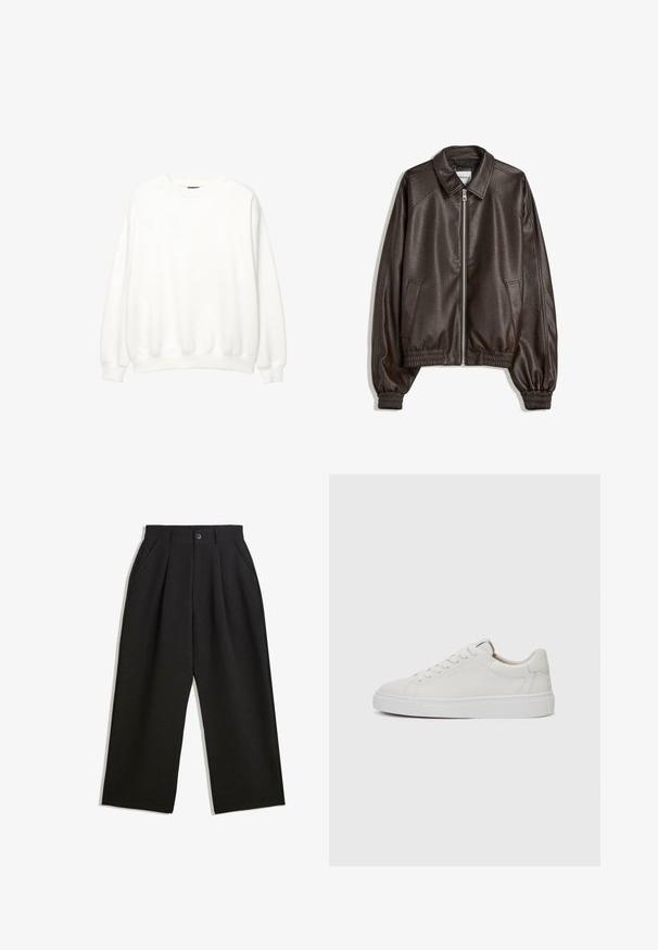 Ruskea nahkainen pommikauppias-takki, jossa on kauluspäällinen, vetoketjusuljenta, ribatuet hihat ja teksturoitu pinta. Varustettu sivutaskuilla.; Valkoinen collegepaita, pyöreä kaulus, pitkät hihat, rento istuvuus. Pehmeä kangas, jossa ribboatut hihansuut ja helma. Minimalistinen muotoilu, ei näkyviä logoja tai kuvioita.; Musta housut rentoa istuvuutta, joissa on laskoksia edessä, sivutaskut ja nappisuljenta. Valmistettu teksturoidusta kankaasta.; Valkoiset nahkaiset matalakärkiset lenkkarit, joissa on pyöreä kärki, litteä valkoinen kumipohja ja minimalistinen ommel yksityiskohtana. Nauhat on kiinnitetty kuuden silmukan läpi.