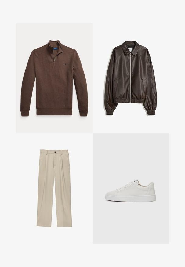 Brązowa skórzana kurtka bomberka z kołnierzem, zamek błyskawiczny, ściągacze na mankietach i teksturowane wykończenie. Posiada kieszenie boczne.; Brązowy sweter na zamek wykonany z teksturowanej dzianiny. Posiada stójkę i małe haftowane logo na piersi. Długie rękawy.; Beżowe spodnie o prostym kroju, z pojedynczym czarnym guzikiem, szlufkami na pasek oraz bocznymi kieszeniami. Gładka faktura materiału i minimalistyczny design.; Białe skórzane sneakersy niskie z okrągłym noskiem, płaską białą gumową podeszwą i minimalistycznymi detalami w szwie. Sznurówki zabezpieczone przez sześć oczek.