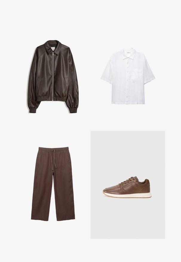 Ruskea nahkainen pommikauppias-takki, jossa on kauluspäällinen, vetoketjusuljenta, ribatuet hihat ja teksturoitu pinta. Varustettu sivutaskuilla.; Valkoinen lyhythihainen paita nappikiinnityksellä, kauluksella ja yhdellä rintataskulla. Valmistettu kevyestä kankaasta, jossa on sileä rakenne.; Ruske levelegged linen-housut, joissa on narutasku vyötäröllä, kaksi sivutaskua ja kevyt, teksturoitu kangas.; Tommy Hilfiger HYBRID - Matalavartiset tennarit - legacy brown