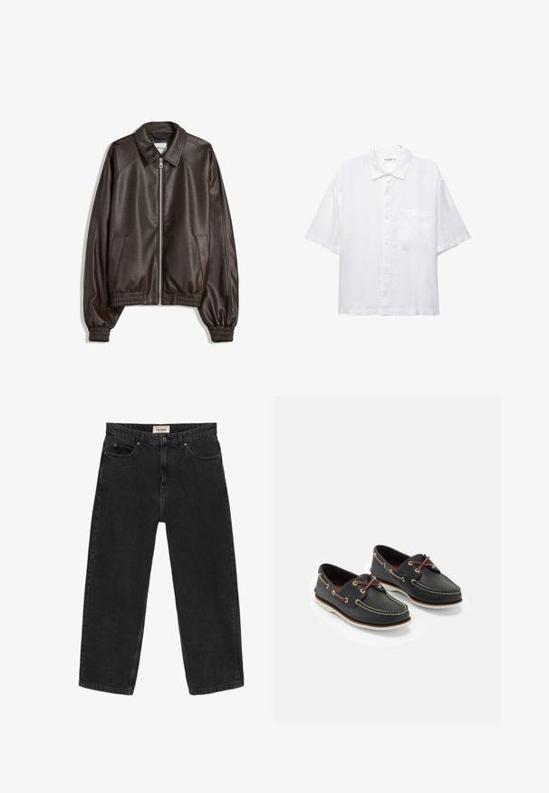 Brun läderbomberjacka med krage, dragkedjestängning, ribbade manschetter och en strukturerad yta. Har sidofickor.; Vit kortärmad skjorta med knappslå framtill, krage och en bröstficka. Tillverkad av lätt tyg med en slät textur.; Svarta jeans i denim med avslappnad passform. Har fem fickor, ett framknäppning och sömnadsdetaljer. Lätt urtvättad textur.; Marina läderbåtskor med gul sömnad, röda snören och silverfärgade ögla; rund tå; vit gummisula.