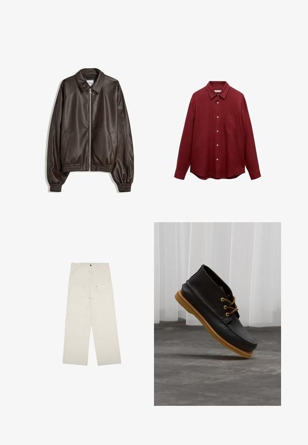 Bruine leren bomberjack met een kraaghals, ritssluiting, geribbelde boorden en een gestructureerde afwerking. Bevat zijzakken.; Bordeaux lange mouw overhemd van linnen met een button-down kraag, voorzakken en een afgeronde onderkant; beschikt over witte knopen.; Lichtbeige wijde broek van katoen, met voorzakken, een sluiting met één knop en zichtbare stikseldetails.; Zwarte leren schoenen met een gladde afwerking, ronde neus, bruine veters en lichtbruine rubberen zolen. Logo gegraveerd aan de zijkant.