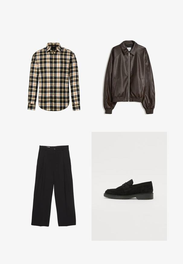 Brun læder bomberjakke med krave, lynlåslukning, ribbede manchetter og en tekstureret overflade. Har sidelommer.; Langærmet skjorte med knaplukning, der har et flerfarvet ternet mønster i sort, hvid, orange og grå, med klassisk krave og buet kant.; Sorte bukser med bred benvidde lavet af glat stof, med flad talje, frontfolder og en enkelt knaplukning.; Sorte ruskinds loafers med en lav hæl, der har et enkelt bånd over det øverste og teksturerede detaljer langs siderne.