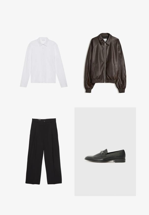 Giacca bomber in pelle marrone con colletto, chiusura con zip, polsini a costine e finitura testurizzata. Presenta tasche laterali.; Camicia bianca a maniche lunghe con collo a punta, chiusura frontale con bottoni e polsini arrotondati, caratterizzata da una texture di tessuto liscia e morbida.; Pantaloni neri a gamba larga realizzati in tessuto morbido, con vita piatta, pinces frontali e chiusura con un bottone.; Mocassino in pelle nera con finitura liscia, caratterizzato da un design cucito e da un accento decorativo in catena metallica sul vamp. Tacco piatto.