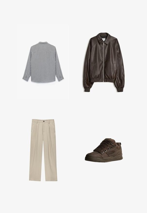 Brun læder bomberjakke med krave, lynlåslukning, ribbede manchetter og en tekstureret overflade. Har sidelommer.; Grå og hvid stribet langærmet skjorte med lige afslutning, knapmanchetter og krave, lavet af et struktureret stof.; Beige bukser med lige snit, der har en enkelt sort knap, bæltestropper og sidelommer. Glat stoftekstur og minimalistisk design.; Brune sportsko lavet af glat syntetisk materiale. Har tykke snørebånd, mesh-detaljer, polstret krave og struktureret gummisål.