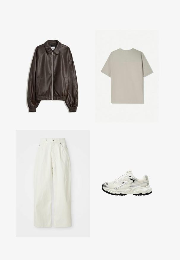 Barna bőr bomber dzseki galléros nyakkal, cipzáras záródással, bordázott mandzsettákkal és struktúrált felülettel. Oldalsó zsebekkel rendelkezik.; Beige színű pamut póló rövid ujjakkal. Egyszerű dizájn jellemzi, kerek nyakkivágással. Simább textúrája van, minimális varrással a hátsó részen.; Fehér, bőszárú pamutnadrág, magas derékkal, öt zsebbel és fém gombos záródással. Sima textúra minimalista dizájnnal.; Fehér sneaker hálós felsőrésszel, ezüst kiegészítőkkel, fekete talppal és textúrázott panelek nélkül. Fűzhető kialakítással és kerek orral rendelkezik.
