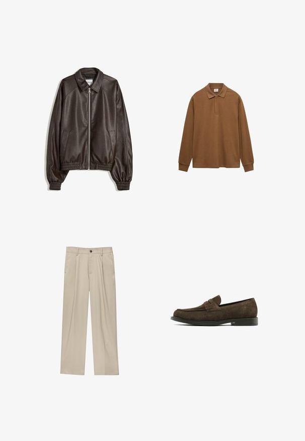 Veste bomber en cuir marron avec un col, fermeture éclair, poignets côtelés et une finition texturée. Dispose de poches latérales.; Polo shirt marron à manches longues en coton, avec un col, une patte de boutonnage et des poignets côtelés ; texture lisse et coupe décontractée.; Pantalon beige à coupe droite, doté d'un seul bouton noir, de passants de ceinture et de poches latérales. Texture de tissu lisse et design minimaliste.; Mocassin en daim marron foncé avec un bout arrondi, des détails cousus et une semelle en caoutchouc plate. Il présente un accent classique de porte-monnaie.