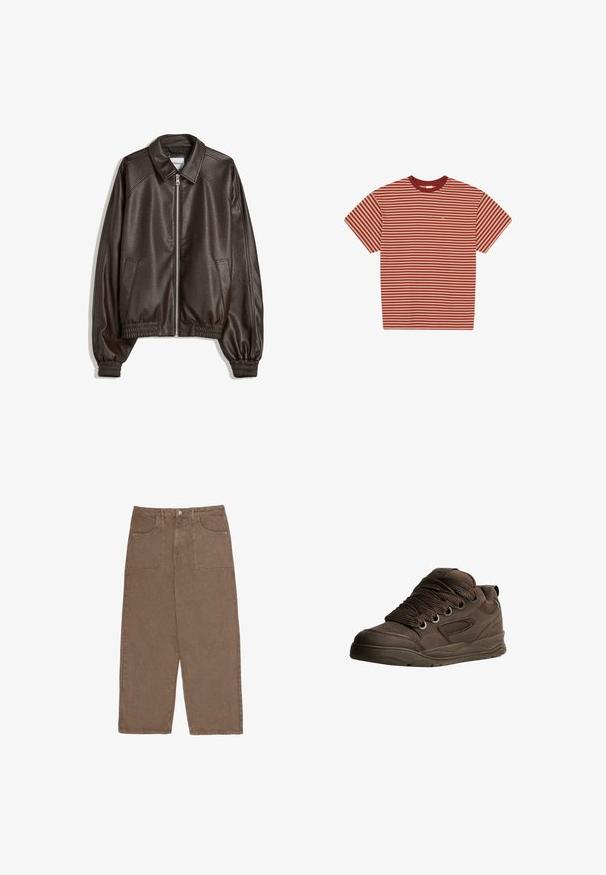 Barna bőr bomber dzseki galléros nyakkal, cipzáras záródással, bordázott mandzsettákkal és struktúrált felülettel. Oldalsó zsebekkel rendelkezik.; Rövid ujjú, környakú póló vízszintes piros és bézs csíkokkal, kicsi arany hímzéssel a mellrészen, fehér háttérrel.; Barna, bő szárú pamutnadrág, két elülső zsebbel és gombos záródással. Az anyag puha tapintású és matt felületű.; Barna sportcipők sima szintetikus anyagból. Vastag fűzőkkel, hálós díszítésekkel, párnázott bokaképzővel és mintázott gumitalppal rendelkezik.