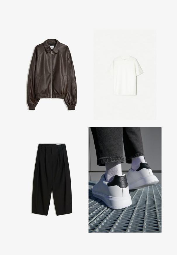 Giacca bomber in pelle marrone con colletto, chiusura con zip, polsini a costine e finitura testurizzata. Presenta tasche laterali.; T-shirt bianco a maniche corte, realizzato in cotone morbido. Design a girocollo con una vestibilità comoda e senza loghi o motivi visibili.; Pantaloni neri a vita alta con gamba larga e cropped, dotati di pieghe frontali per una maggiore texture e struttura.; Sneakers bianche con tappo del tallone nero che presenta un design a faccina sorridente, materiale in pelle liscia, suola in gomma piatta e dettagli testurizzati.