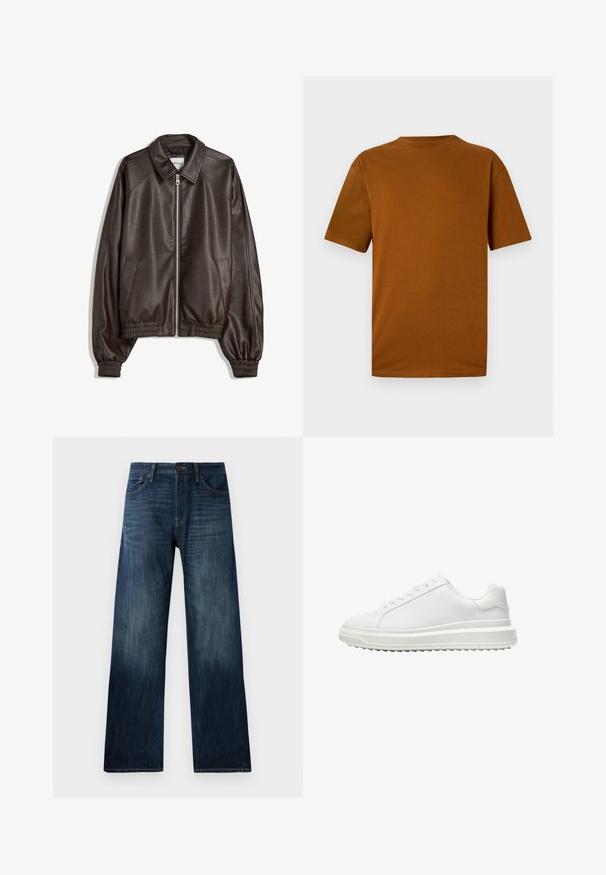 Rjava usnjena pilotska jakna s ovratnikom, zadrgo, rebrastimi manšetami in teksturirano površino. Ima stranska žepa.; Majica s kratkimi rokavi v barvi opečnato oranžne iz bombaža. Ima okroglo ovratnico, sproščen kroj in gladko teksturo brez vzorcev ali okrasitev.; Temno modri kavbojke z naravnim krojem, ki imajo lahko teksturo, pase za pas in klasičen pet-pocket stil.; Beli copati z gladkim sintetičnim zgornjim delom, okroglo konico, ravnim vezalkami, teksturiranim podplatom in slojevito platformo za dodatno višino.