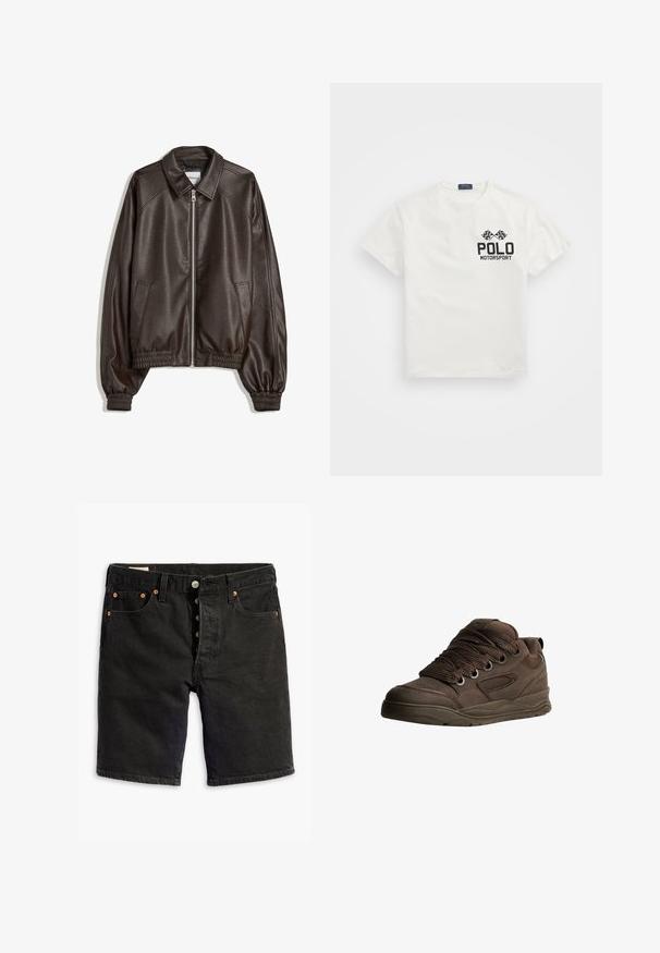 Hnedá kožená bomber bunda s golierovým výstrihom, zipsom, rebrovanými manžetami a textúrovaným povrchom. Obsahuje bočné vrecká.; Biela bavlnená tričko s okrúhlym výstrihom, na ľavej hrudi s čiernym logom "Polo Motorsport" a prekrývajúcimi sa šachovnicovými vlajkami.; Levi's® ORIGINAL - Denimové šortky - black; Hnedé športové topánky vyrobené z hladkého syntetického materiálu. Vybavené hrubými šnúrkami, mriežkovými akcentmi, vycpaným golierom a textúrovanou gumovou podrážkou.