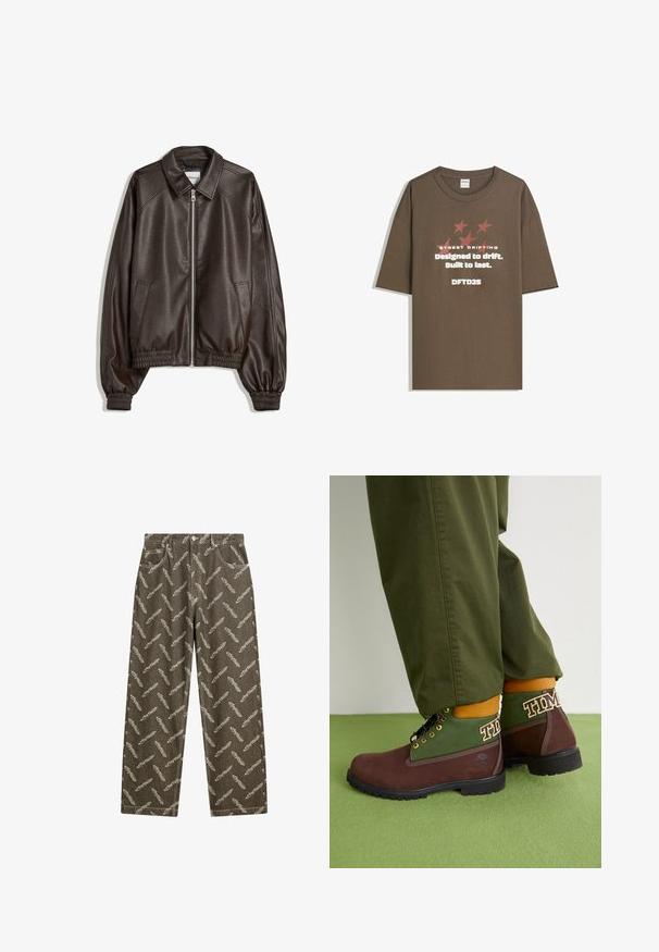 Hnědá kožená bomber bunda s límečkem, zapínáním na zip, žebrovanými manžetami a texturovaným povrchem. Obsahuje boční kapsy.; Hnědé bavlněné tričko s krátkým rukávem, zdobené graficky zpracovaným textem a hvězdami v kontrastních barvách. Rovný střih s kulatým výstřihem.; Khaki džíny s celoplošným vzorem peří v světle béžové barvě. Volný střih se standardními kapsami a detaily kontrastního šití.; Timberland Šněrovací kotníkové boty - dark brown/green