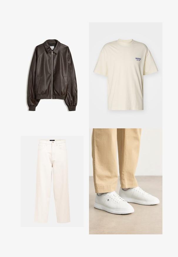 Bruine leren bomberjack met een kraaghals, ritssluiting, geribbelde boorden en een gestructureerde afwerking. Bevat zijzakken.; Korte mouw crèmekleurig T-shirt van katoen. Bevat een klein blauw "ORIGINALS" logo op de linkerkant van de borst. Klassieke pasvorm en ronde hals ontwerp.; Lichtbeige wijdvallende jeans van katoen denim met een hoge taille, vijfzakkenontwerp en een enkele sluiting met knoop aan de voorkant.; Witte leren sneakers met een gladde afwerking, voorzien van een ronde neus, vlechtontwerp en subtiele logo-detail aan de zijkant, gecombineerd met beige broek.