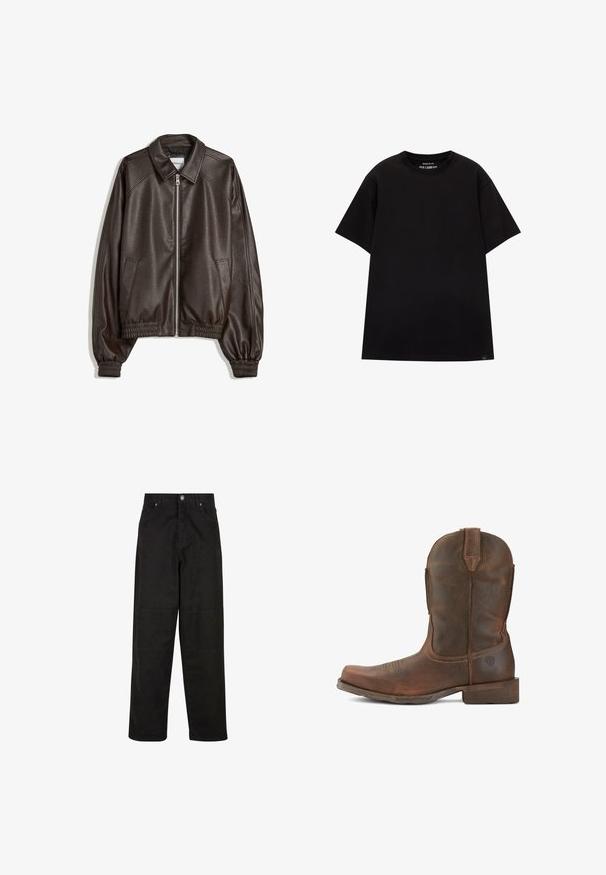 Brun läderbomberjacka med krage, dragkedjestängning, ribbade manschetter och en strukturerad yta. Har sidofickor.; PULL&BEAR JOIN LIFE - T-shirt - bas - black; Svarta vida bomullshostyper med en slät textur, med två framfickor, knäppning och rak passform.; Ariat WESTERN RAMBLER - Cowboy- / Bikerstövletter - wicker