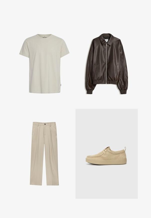 Brun læder bomberjakke med krave, lynlåslukning, ribbede manchetter og en tekstureret overflade. Har sidelommer.; Lys beige bomulds t-shirt med rund hals og korte ærmer. Har et lille logo på brystet og en lige kant. Glat tekstur.; Beige bukser med lige snit, der har en enkelt sort knap, bæltestropper og sidelommer. Glat stoftekstur og minimalistisk design.; Beige ruskinds slip-on sko med en rund tå, minimal syning og en gummisål. Blød tekstur med en diskret mærkeaccent på hælen.