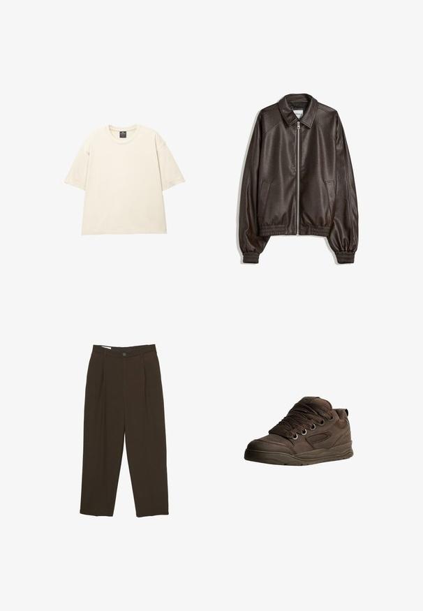 Braune Lederbomberjacke mit einem Kragen, Reißverschluss, gerippten Bündchen und einer strukturierten Oberfläche. Verfügt über Seitentaschen.; Übergroßes beiges T-Shirt aus weicher Baumwolle, mit Rundhalsausschnitt, kurzen Ärmeln und sauberer, schlichter Naht. Keine Muster oder Grafiken.; Dunkelbraune maßgeschneiderte Hosen mit vorderen Falten, Gürtelschlaufen und einem Knopfverschluss an der Taille.; Braune Sportschuhe aus glattem synthetischem Material. Mit dicken Schnürsenkeln, Mesh-Akzenten, gepolstertem Schaft und strukturiertem Gummisohle.