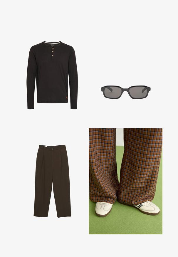 Hnedá kožená bomber bunda s golierovým výstrihom, zipsom, rebrovanými manžetami a textúrovaným povrchom. Obsahuje bočné vrecká.; Čierna dlhá rukávová košeľa vyrobená z mäkkej látky, s okoľným výstrihom, s gombíkovou légou na drevené gombíky a s malou logo nálepkou na leme.; Tmavohnedé nohavice na mieru s prednými skladmi, pútkami na opasok a zapínaním na gombík v oblasti pásu.; Hnedé a modré kárované nohavice s širokými nohavicami skombinované s bielymi topánkami s čiernymi akcentmi a textúrovanými podrážkami, umiestnené na zelenom pozadí.; Čierne obdĺžnikové slnečné okuliare s tmavošedými šošovkami, s hrubým plastovým rámom a hladkým povrchom. Bez viditeľného loga.