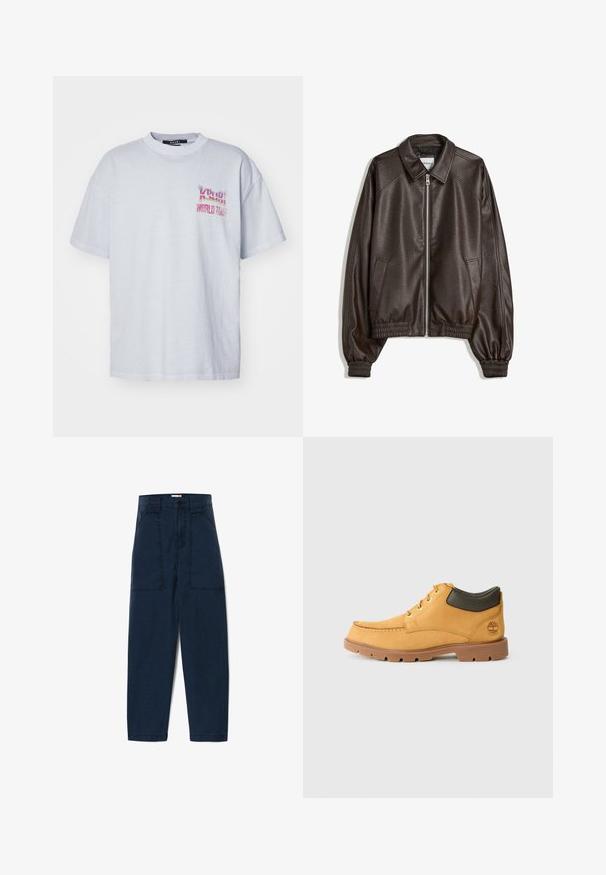 Hnědá kožená bomber bunda s límečkem, zapínáním na zip, žebrovanými manžetami a texturovaným povrchem. Obsahuje boční kapsy.; Světle šedé bavlněné tričko s volným střihem, na levé straně hrudníku s barevným grafikou "Ksubi World Tour". Krátký rukáv a kulatý výstřih.; Námorně modré vysoké kalhoty s rovnými nohavicemi, které mají dvě velké přední kapsy a jemně texturovanou látku. Jednoduché zapínání na knoflík.; Žlutá kožená bota s hnědou gumovou podrážkou, kulatou špičkou a zeleným koženým detailem kolem kotníku. Obsahuje zlaté očky a akcenty v šití.