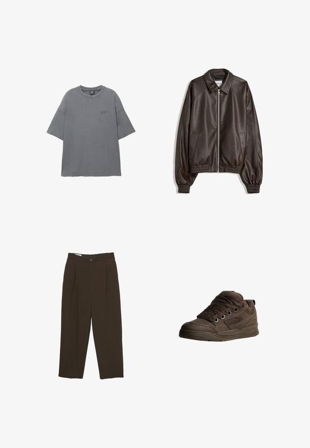 Smeđi kožni bombarder jakna s ovratnikom, patentnim zatvaračem, rebrastim manžetama i teksturiranim završetkom. Ima bočne džepove.; Siva kratka majica s kratkim rukavima i zaobljenim izrezom, napravljena od pamuka, s diskretnim logotipom izvezenim na prsima. Mekana tekstura.; Tamno smeđi krojeni hlače s prednjim plisama, s petljama za remen i dugmetom za zatvaranje u struku.; Smeđe atletske cipele napravljene od glatkog sintetičkog materijala. Imaju debele vezice, mrežaste naglašene dijelove, podstavljeni ovratnik i teksturiranu gumenu sredinu.