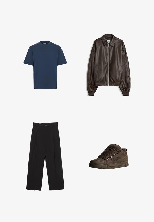 Brun læder bomberjakke med krave, lynlåslukning, ribbede manchetter og en tekstureret overflade. Har sidelommer.; Marineblå bomulds T-shirt med rund hals, korte ærmer og lige kant. Har et lille mærke på nederste venstre side.; Sorte bukser med bred benvidde lavet af glat stof, med flad talje, frontfolder og en enkelt knaplukning.; Brune sportsko lavet af glat syntetisk materiale. Har tykke snørebånd, mesh-detaljer, polstret krave og struktureret gummisål.