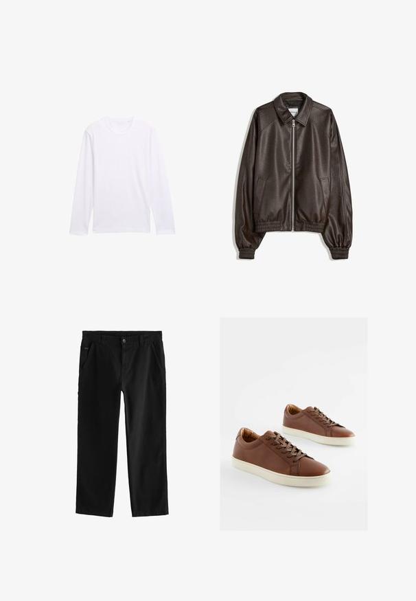 Braune Lederbomberjacke mit einem Kragen, Reißverschluss, gerippten Bündchen und einer strukturierten Oberfläche. Verfügt über Seitentaschen.; Weißes Langarm-T-Shirt mit rundem Halsausschnitt, aus weichem Baumwollmaterial und einem schlichten, ungeschmückten Design. Keine sichtbaren Logos oder Muster.; Schwarze Baumwollhose mit geradem Bein, ausgestattet mit einem vorderen Knopfverschluss, schrägen Seitentaschen und dezenten Nähten.; Braune Leder-Sneaker mit glatter Textur, weißen Gummisohlen und passenden braunen Schnürsenkeln. Rundes Zehendesign mit minimalen Nähdetails.