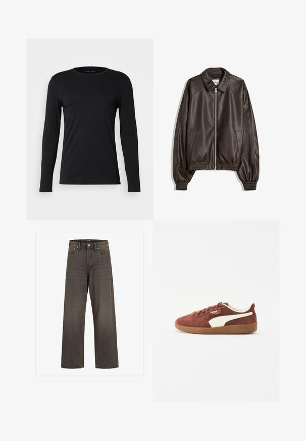 Hnedá kožená bomber bunda s golierovým výstrihom, zipsom, rebrovanými manžetami a textúrovaným povrchom. Obsahuje bočné vrecká.; Čierne tričko s dlhým rukávom vyrobené z mäkkého materiálu. Má okrúhly výstrih a priliehavý strih bez viditeľných grafík alebo ozdôb.; Džínsy s širokými nohavicami v tmavošedej džínsovine, s vysokým pásom, klasickým dizajnom s piatimi vreckami a kontrastným šitím pozdĺž švov.; Tmavohnedé semišové tenisky s bielymi koženými akcentmi, okrúhla špička, šnurovací dizajn a piesková gumová podrážka. Logo značky na boku a na jazyku.