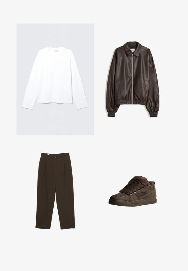 Brun læder bomberjakke med krave, lynlåslukning, ribbede manchetter og en tekstureret overflade. Har sidelommer.; Hvid langærmet skjorte lavet af blødt stof, med rund halsudskæring og løs pasform. Glat tekstur uden mønstre eller accenter.; Mørkebrune skræddersyede bukser med frontfolder, bæltestropper og en knaplukning i taljen.; Brune sportsko lavet af glat syntetisk materiale. Har tykke snørebånd, mesh-detaljer, polstret krave og struktureret gummisål.