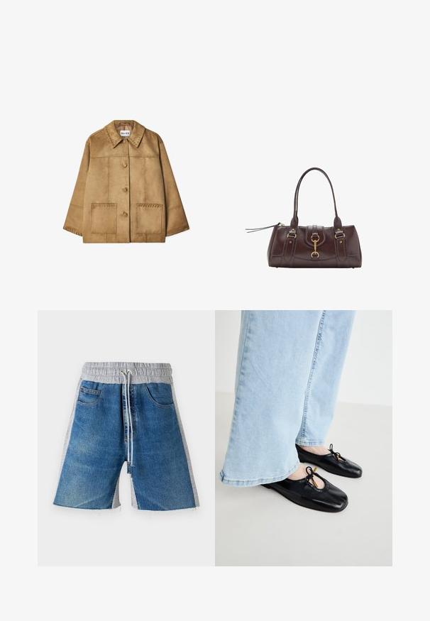 Giacca in suede marrone con colletto, chiusura frontale a bottoni, due grandi tasche e cuciture decorative lungo le spalle e le tasche.; Camicia senza maniche in lino bianco con scollo a V profondo e punta con lacci. Presenta un colletto, cuciture laterali e un dettaglio con fiocco nella parte inferiore.; Shorts in denim con vita elastica grigia, dotati di lacci. Il design include tasche laterali e un aspetto color-block.; Ballerine in pelle nera con punta arrotondata, dotate di ritaglio e dettaglio a fiocco, indossate con jeans a gamba larga blu chiaro.; Borsetta in pelle marrone scuro con due manici superiori, dettagli in metallo dorato, chiusura frontale e texture cucite sui lati.