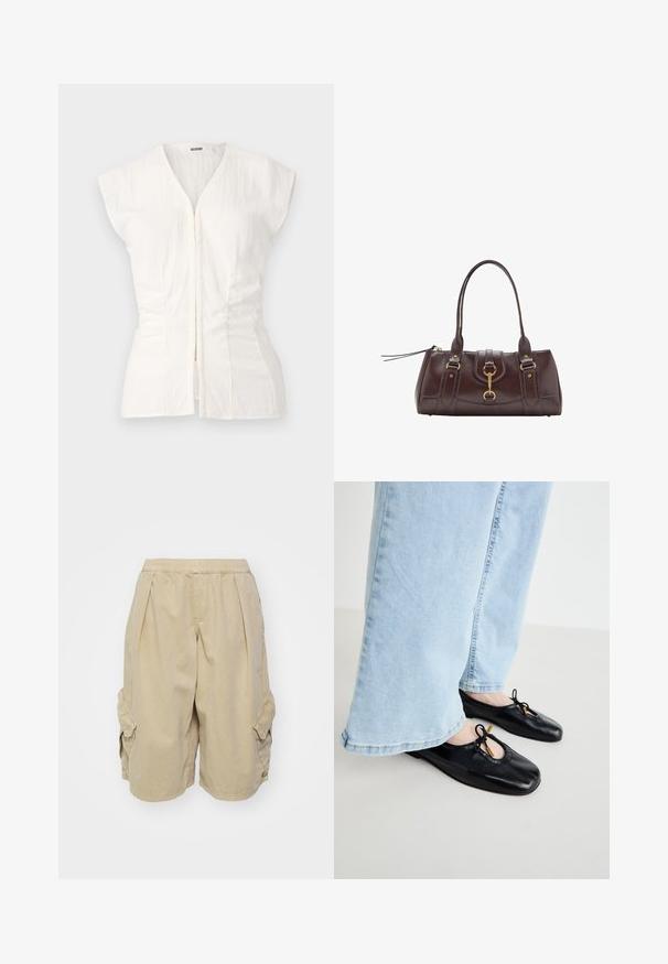 Giacca in suede marrone con colletto, chiusura frontale a bottoni, due grandi tasche e cuciture decorative lungo le spalle e le tasche.; Top bianco a maniche corte con scollatura a V profonda e zip frontale. Presenta una texture arricciata ai lati per una forma aderente, realizzato in tessuto leggero.; BDG Urban Outfitters DETROIT - Pantaloni cargo - sand; Ballerine in pelle nera con punta arrotondata, dotate di ritaglio e dettaglio a fiocco, indossate con jeans a gamba larga blu chiaro.; Borsetta in pelle marrone scuro con due manici superiori, dettagli in metallo dorato, chiusura frontale e texture cucite sui lati.