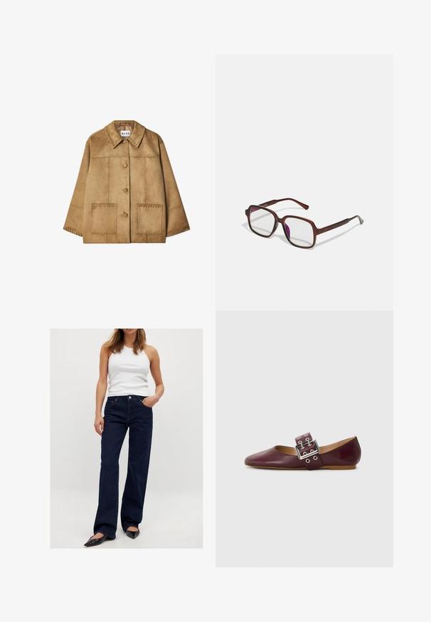 Chaqueta de ante marrón con cuello de solapa, cierre frontal de botones, dos grandes bolsillos y costuras decorativas a lo largo de los hombros y bolsillos.; Dos tops de tirantes ajustados en negro y blanco. Están hechos de algodón acanalado, cuentan con tirantes anchos y escote redondeado. Con la marca en el cuello.; Jeans de tiro ancho en azul oscuro, confeccionados en denim, con un diseño clásico de cinco bolsillos y cierre de botón de metal. Llevados con una camiseta sin mangas blanca.; Bailarinas de cuero burdeos con punta afilada, tira ancha con hebilla plateada y múltiples agujeros, suela plana, textura suave.; Gafas marrones y rectangulares con lentes transparentes y tintes morados. Montura de plástico suave con patillas rectas y detalles sutiles.