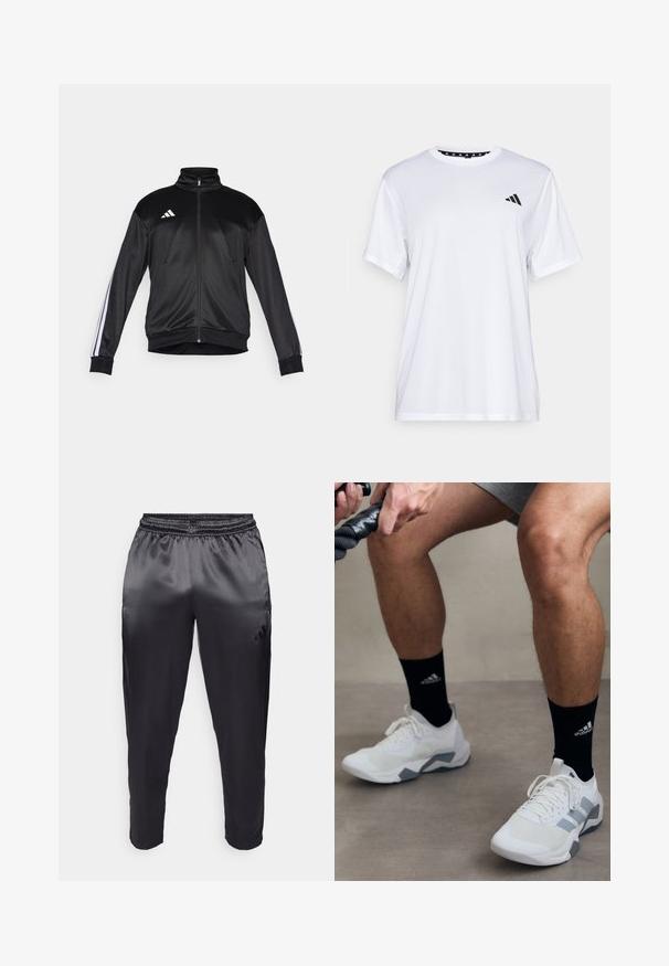 Zwarte trainingsjack van gladde stof, met een hoge kraag, ritssluiting en witte strepenaccenten op de mouwen. Drie witte strepen logo op de borst.; Witte sport T-shirt met korte mouwen, gemaakt van vochtafvoerende stof. Heeft een zwart logo op de linkerkant van de borst en een gemusterde binnenhals.; Zwarte sportbroek gemaakt van gladde, lichte stof met een elastische tailleband. Heeft een klein logo aan de linkerkant en taps toelopende pijpen.; Witte sportieve schoenen met grijze accenten, een textuurmateriaal en een vetersluiting. Draagt een paar zwarte sokken met een logo.