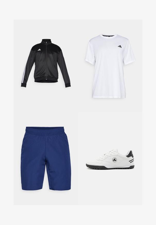 Jachetă de trening neagră dintr-un material neted, cu guler înalt, închidere cu fermoar și accente cu dungi albe pe mâneci. Logo-ul cu trei dungi albe pe piept.; Tricou sportiv alb cu mâneci scurte, fabricat dintr-un material care elimina umezeala. Are un logo negru pe pieptul stâng și o guler interiory cu un design patterned.; Pantaloni scurți sport de culoare bleumarin, confecționați dintr-un material texturat, având un brâu elastic și un mic accent logo pe lateral.; Încălțăminte sportivă albă cu un superior din piele netedă, accente negre, talpă texturată și un logo rotund pe lateral. Dispune de șireturi subțiri.