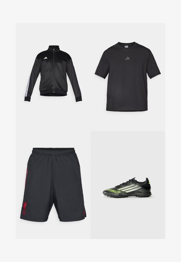Casaco desportivo preto feito de tecido suave, com colarinho alto, fecho éclair e detalhes em riscas brancas nas mangas. Logótipo de três riscas brancas no peito.; T-shirt atlético preto feito de material respirável, com mangas curtas, decote redondo e um logótipo refletor no peito.; Calções de desporto pretos com uma cintura elástica, apresentando o logótipo vermelho do Liverpool FC e riscas laterais. Tecido leve e suave, com corte reto.; Chuteira de futebol preta com uma superfície texturizada, apresentando detalhes em verde brilhante e três riscas brancas. Projetada para relvado com sola de borracha.