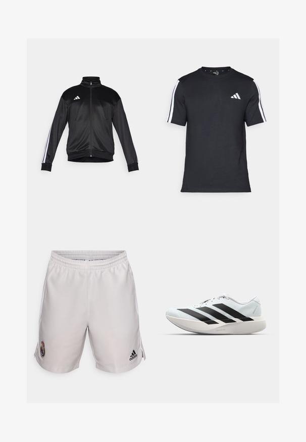 Fekete melegítőfelső sima anyagból, magas gallérral, cipzáros záródással és fehér csíkos díszítéssel a ujjain. A mellkason három fehér csíkos logó található.; Fekete, rövid ujjú pamut póló, fehér csíkokkal a vállain és fehér logóval a bal mellkason.; Világosszürke sportnadrág, szintetikus anyagból készült, rugalmas derékkal, oldalsó csíkokkal és hímzett csapatlogóval, valamint márka hangsúlyozással.; Világoskék, fekete csíkos könnyű futószerek. Simább felső résszel, kerek orral és vastag fehér középtalppal, amelyen a "LIGHTSTRIKE PRO" felirat olvasható.