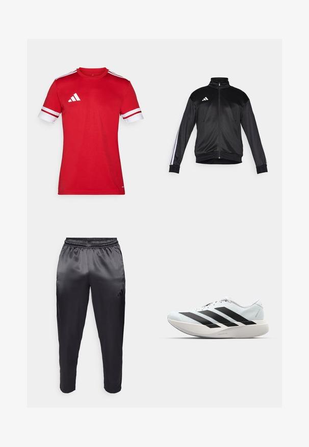 Svart treningsjakke laget av glatt stoff, med høy krage, glidelås og hvite striper på ermene. Tre hvite striper logo på brystet.; Rød treningsgenser med korte ermer. Hvite detaljer på ermene og tre hvite striper på skuldrene. Laget av glatt, lett materiale.; Svarte treningsbukser laget av glatt, lett stoff med elastisk midjebånd. Har en liten logo på venstre side og avsmalnende ben.; Lette løpesko i lys blå med svarte striper. Har en myk overdel, rund tå og tykk hvit mellomsole merket "LIGHTSTRIKE PRO."