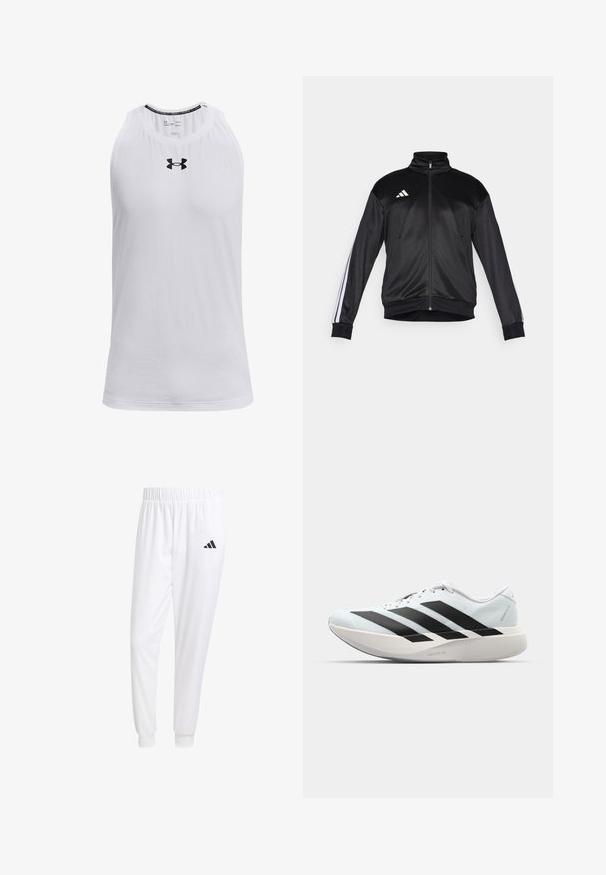 Zwarte trainingsjack van gladde stof, met een hoge kraag, ritssluiting en witte strepenaccenten op de mouwen. Drie witte strepen logo op de borst.; Witte mouwloze tanktop van zachte stof, met een ronde halslijn en een zwart Under Armour-logo op de borst.; Witte sportbroek van gladde stof, met een elastische tailleband en smalle taillebanden, voorzien van een zwart logo op de achterzak.; Lichte hardloopschoenen in lichtblauw met zwarte strepen. Beschikt over een soepele bovenkant, ronde neusstuk en dikke witte tussenzool met het label "LIGHTSTRIKE PRO."