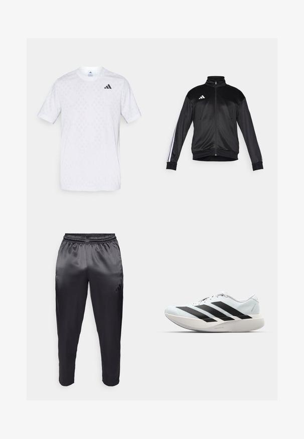 Czarna kurtka treningowa wykonana z gładkiego materiału, z wysokim kołnierzem, zapięciem na zamek oraz białymi paskami na rękawach. Logo z trzema białymi paskami na piersi.; Biała koszulka z krótkim rękawem z subtelnym wzorem w diamenty, wykonana z lekkiego materiału, z czarnym logo adidas na klatce piersiowej.; Czarne spodnie sportowe wykonane z gładkiego, lekkiego materiału z elastycznym paskiem w talii. Posiadają małe logo po lewej stronie oraz zwężane nogawki.; Lekkie buty do biegania w jasnoniebieskim kolorze z czarnymi pasami. Posiadają gładką cholewkę, okrągły nosek oraz grubą białą podeszwę środkową oznaczoną "LIGHTSTRIKE PRO."