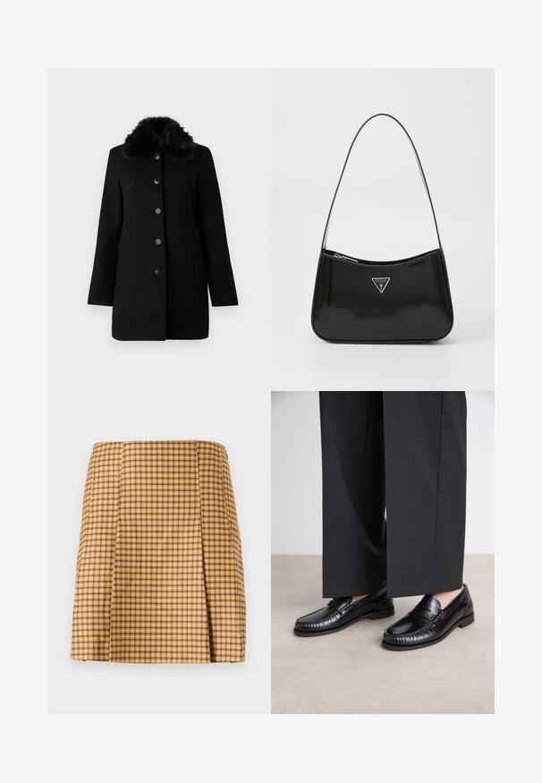 Vero Moda VMAUTUMN COZY JACKET - Mantel - black; Trui in roomkleur met geribbelde lijfje en doorschijnende, opgeblazen mouwen. Aansluitende manchetten en ronde halslijn. Gestructureerde stof met bloemenpatroon op de mouwen.; Geel en paarse geblokte rok met een rechte snit, voorzien van een subtiele plooi aan de voorkant en een gladde textuur.; Zwarte leren instappers met een gladde afwerking, gestikte details rond de teen en een lage rubberen zool. Gepaard met brede zwarte broeken.; Zwarte lakleren schoudertas met een gebogen vorm, voorzien van een zilveren driehoeklogo en een ritssluiting. Gladde textuur en slanke schouderband.