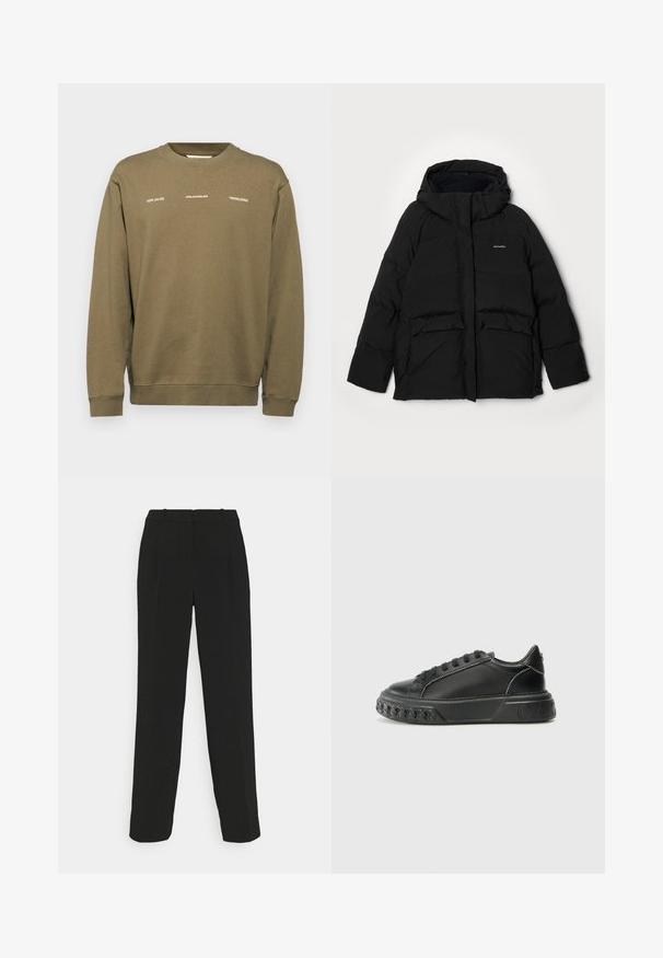 Černá péřová bunda s kapucí, s předním zipem, dvěma velkými kapsami na klopě a logem "Halteweiler" na levé straně. Měkká textura.; Holzweiler DUKE NATIONAL CREW - Mikina - green; Černé kalhoty na míru se střihem rovného nohavice, vysokým pasem, sklady a hladkou texturou látky.; Černé kožené tenisky s kulatou špičkou, polstrovaným kotníkem, zvýšenou podrážkou se spleteným vzorem a kontrastním prošíváním po stranách.