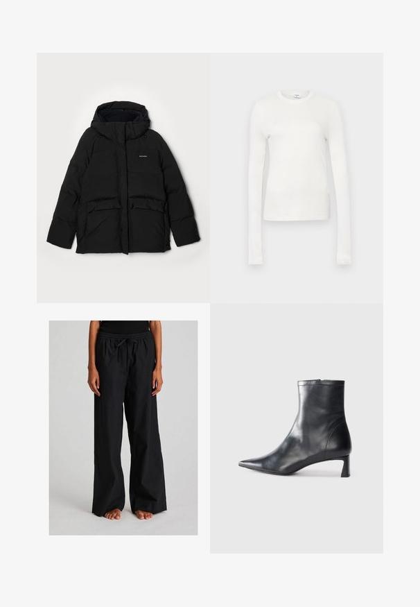 Juodas pūkinis švarkas su kapišonu, turintis priekinį užtrauktuką, dvi dideles kišenes su atlapais ir "Halteweiler" logotipą kairėje pusėje. Minkštas audinys.; Balta ilgomis rankovėmis marškinėliai, pagaminti iš švelnaus medvilnės. Turi apvalią iškirptę, aptemptą siluetą ir lygų paviršių. Be raštų ar akcentų.; Laidūs juodi kelnių pagaminti iš lengvos medžiagos. Yra elastinga juosmens juosta su raišteliu ir tiesios, plačios kojos dizainas.; Juodas odinis kulkšninis batas su smailiu pirštu ir elegantišku dizainu. Turi žemą kulną ir užtrauktuką gale. Lygi tekstūra.