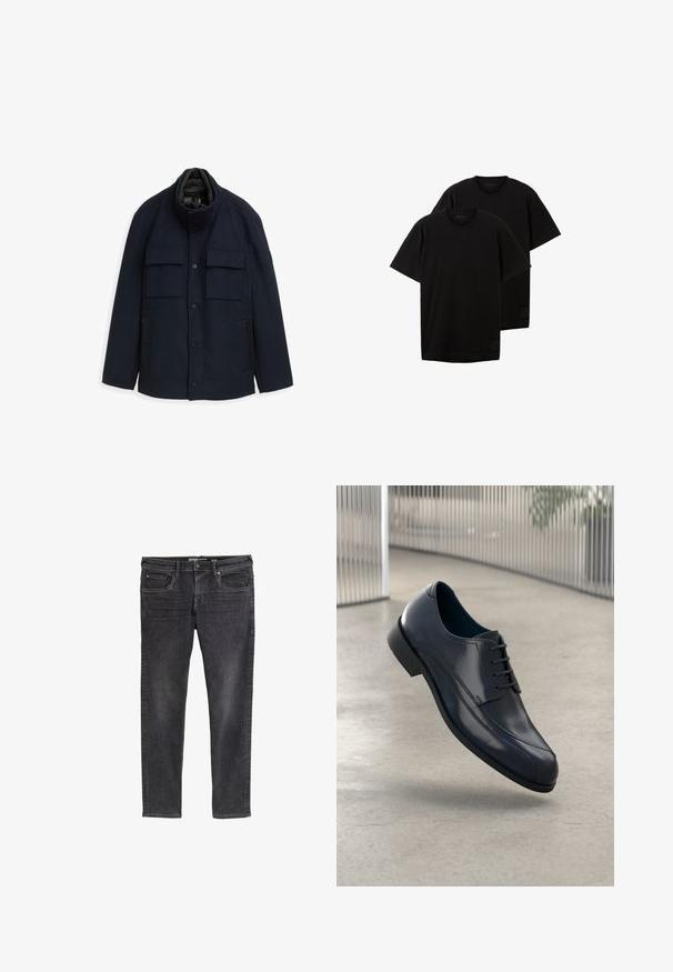 Tumedan sinine villane jakk, millel on kõrge krae, neli esikotti ja lukuga küljetaskud. Omab nupuvankri sulgemist ja tikandiga sisepoolt.; Mustad mustadest puuvillast T-särgid, ümmarguse kaelusega, lühikeste varrukatega, mugava lõikega, millel on väike logo alumisel vasakul küljel, müüakse kahekaupa.; Kitsas mustad denimehased, millel on pleekinud viimistlus, viis taskut, vöökohad ja peened tikandi detailid õmbluste äärel.; Läike must nahkne king, millel on paelad, hõljuv siledate heledate halli põranda kohal ning taustal vertikaalsed metallist vardad.