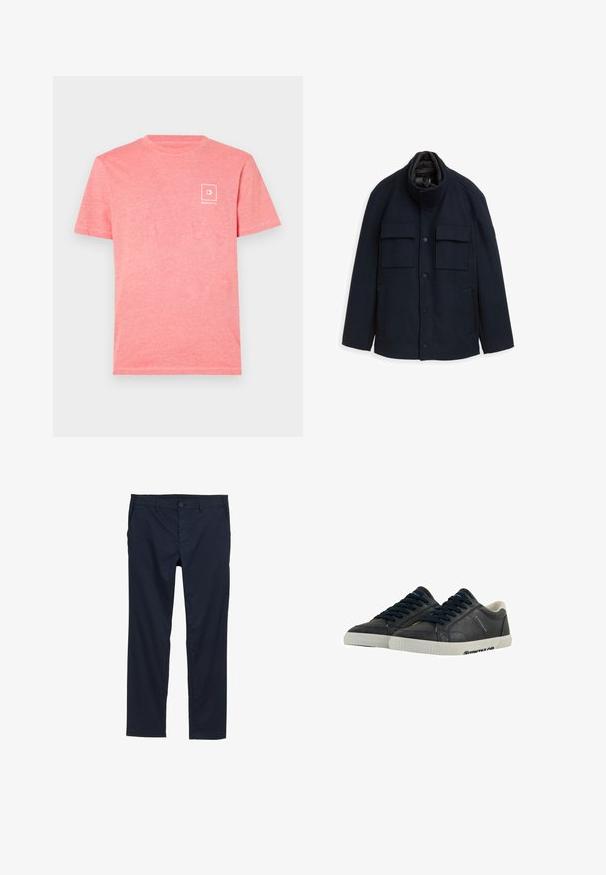 Mørkeblå uldjakke med høj krave, fire forlommer og lynlåslommer på siden. Har knaplukning og en kviltet indvendig foret.; Lyserød bomulds t-shirt med korte ærmer, der har et lille hvidt logo designet på venstre brystområde. Blød tekstur og klassisk rund hals.; Navyblå letvægtsbukser med en glat overflade, lige ben design, knaplukning og sidelommer.; Marine læder sneakers med hvide gummisåler, rund tå og sorte snørebånd. Subtile teksturer og branding på siderne. Casual design.