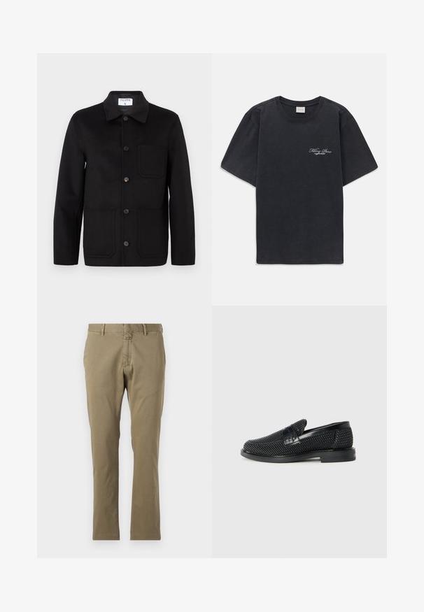 Jachetă neagră din lână cu guler, închidere frontală cu nasturi, două buzunare mari în față și un buzunar pe piept. Textură netedă.; Tricou negru cu mânecă scurtă și gât rotund, având un mic logo alb "Filling Pieces" pe partea stângă a pieptului.; Pantaloni khaki dintr-un amestec de bumbac, cu un front plat, croială clasică, picioare drepte, curea de prindere și închidere cu fermoar.; Pantofii negri din material textil, cu accent din piele netedă pe partea superioară, design cu vârf rotund și talpă din cauciuc de profil redus.