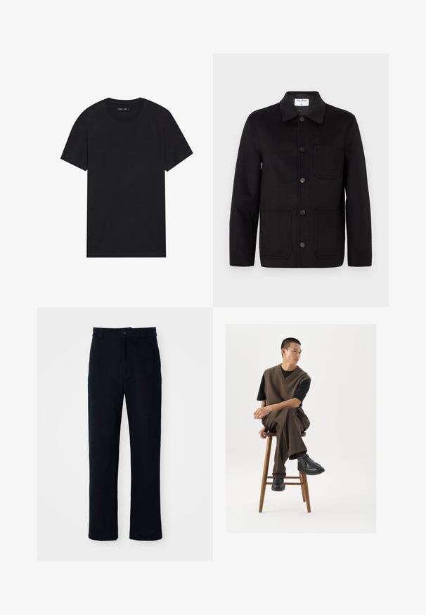 Casaco de lã preto com gola, fecho frontal por botões, dois grandes bolsos à frente e um único bolso no peito. Textura suave.; Camiseta de algodão preta com mangas curtas e decote redondo. O tecido tem uma textura suave e um design simples e liso.; Calças azul marinho em algodão, com um design de perna reta, fecho frontal com botão e cinta clássica com passantes para cinto.; Colete de malha castanho sobre uma t-shirt preta, combinado com calças largas castanhas e sapatos robustos pretos, sentado num banco de madeira.