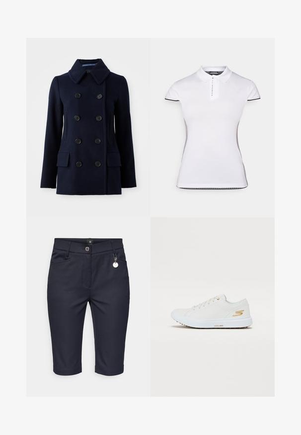 Marineblauwe dubbelbreasted jas van wol, met grote zwarte knopen, een geknipt kraag en twee voorzakken. Vriendelijke textuur.; Witte polo met korte mouwen, een kraag en een knopenlijst aan de voorkant. Zwarte accenten op de mouwen en zijnaad. Zachte, gladde textuur.; Navy bermuda shorts van rekbare stof, met een voorkeursrits, twee zijzakken en een klein logo label op de tailleband.; Witte sneaker met een gladde synthetische bovenkant, gouden accenten en een stevige rubberen zool. Voorzien van een ronde neus, vetersluiting en een gevoerde binnenkant.