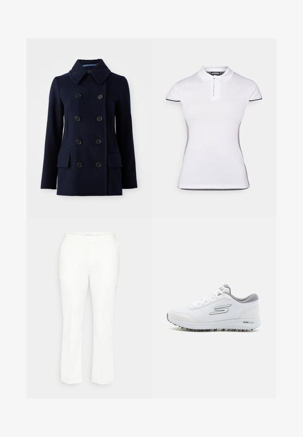 Tumši zili divpusējie vīriešu mēteļi, kas izgatavoti no vilnas, ar lielām melnām pogām, izgrieztu apkakli un divām priekšējām kabatām. Gluda tekstūra.; Balts polo krekls ar īsām piedurknēm, apkakli un priekšējo pogu aizdari. Melnas akcenti piedurknēm un sānu šuvēm. Mīksta, gluda tekstūra.; Baltas taisnais bikses ar plakanu jostu, smalkiem krokām un bez redzamām kabatām. Gluda tekstūra, klasiskā dizaina.; Baltie sporta apavi ar teksturētu sietu augšpusi, sudraba akcentiem un vieglu zoli ar mazām saķeres uzlikām, apzīmēti "ULTRA FLIGHT."