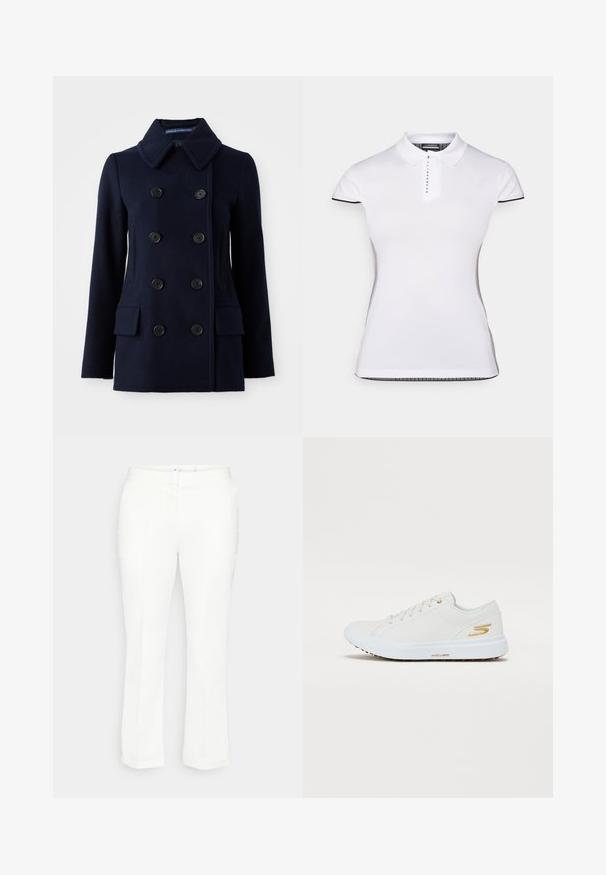 Tumši zili divpusējie vīriešu mēteļi, kas izgatavoti no vilnas, ar lielām melnām pogām, izgrieztu apkakli un divām priekšējām kabatām. Gluda tekstūra.; Balts polo krekls ar īsām piedurknēm, apkakli un priekšējo pogu aizdari. Melnas akcenti piedurknēm un sānu šuvēm. Mīksta, gluda tekstūra.; Baltas taisnais bikses ar plakanu jostu, smalkiem krokām un bez redzamām kabatām. Gluda tekstūra, klasiskā dizaina.; Balti kedai ar gludu sintētisko augšdaļu, zeltītām akcents un izturīgu gumijas zoli. Iezīmes apaļš purngals, saišu dizains un mīkstais iekšpuse.